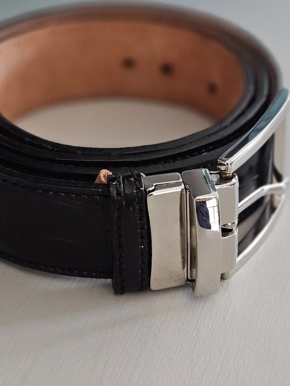 Rene Mancini Milano Italy Men Black Leather belt size 5/115 camel inside